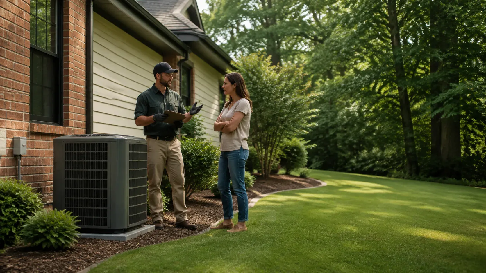 HVAC professional and homeowner discussing an outdoor air-conditioning unit at an Atlanta-area home